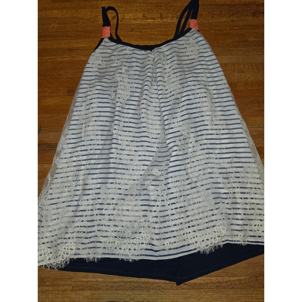 Rewind Women 3 Navy White Striped Lace Overlay Cami Tank Top Coral Accents